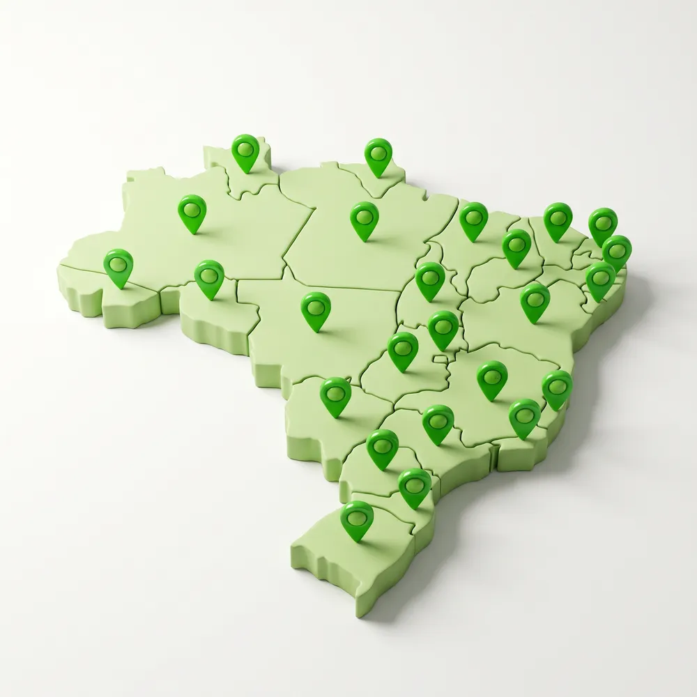 Mapa do Brasil com marcadores indicando postos credenciados do Baratão em várias regiões