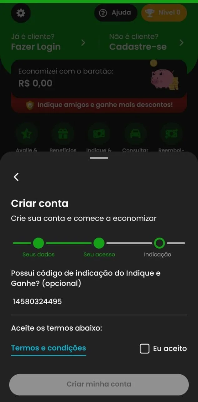 Tela de cadastro do app Baratão na etapa Indicação, com o campo do código de indicação em destaque
