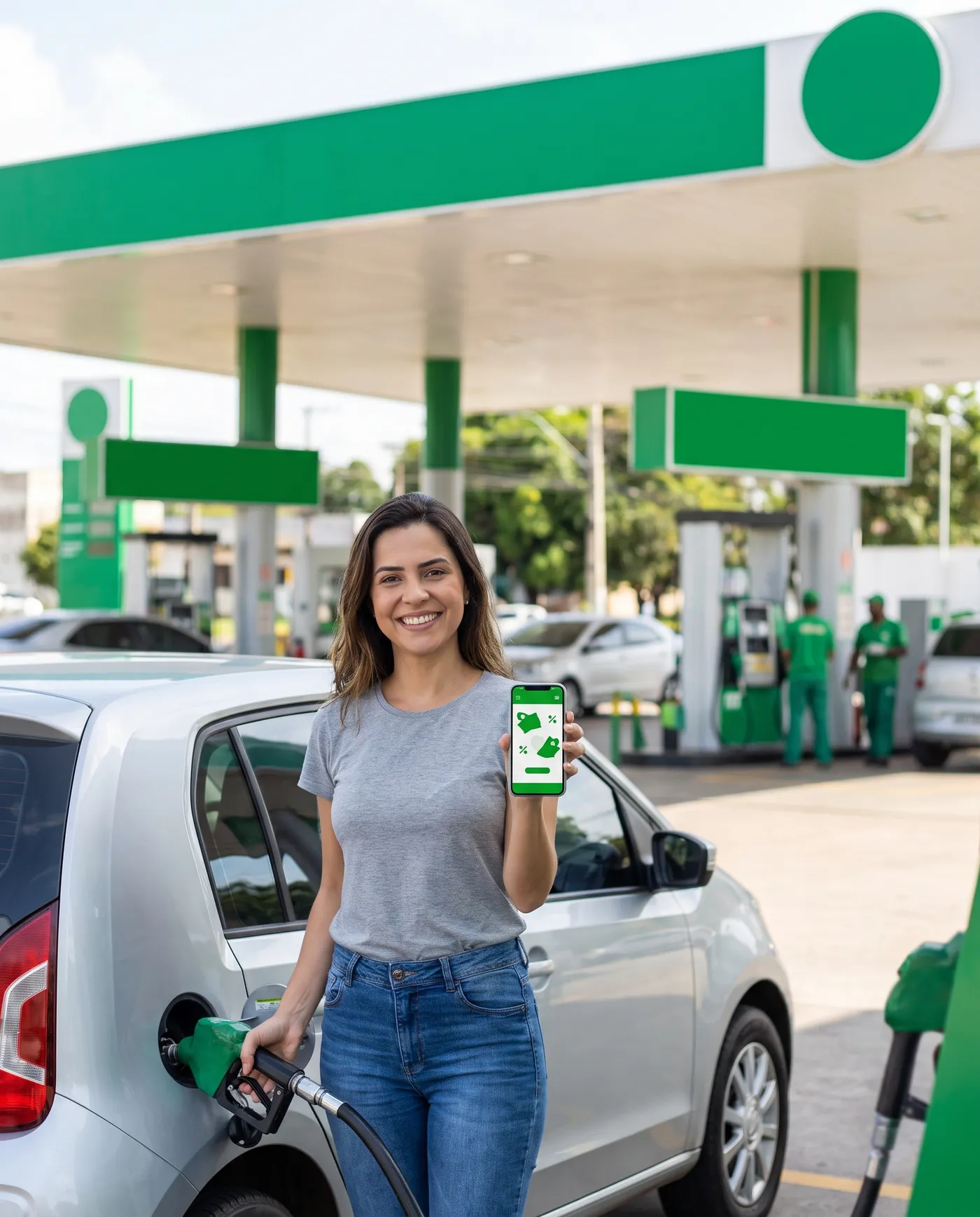 Motorista sorrindo ao abastecer o carro em um posto de combustível, segurando o celular com o app Baratão