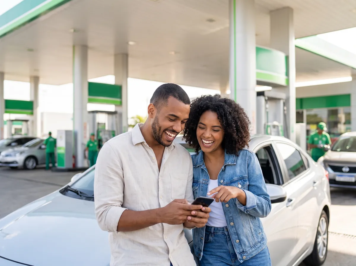 Amigos ao lado de um carro compartilhando o código de indicação do app Baratão pelo celular
