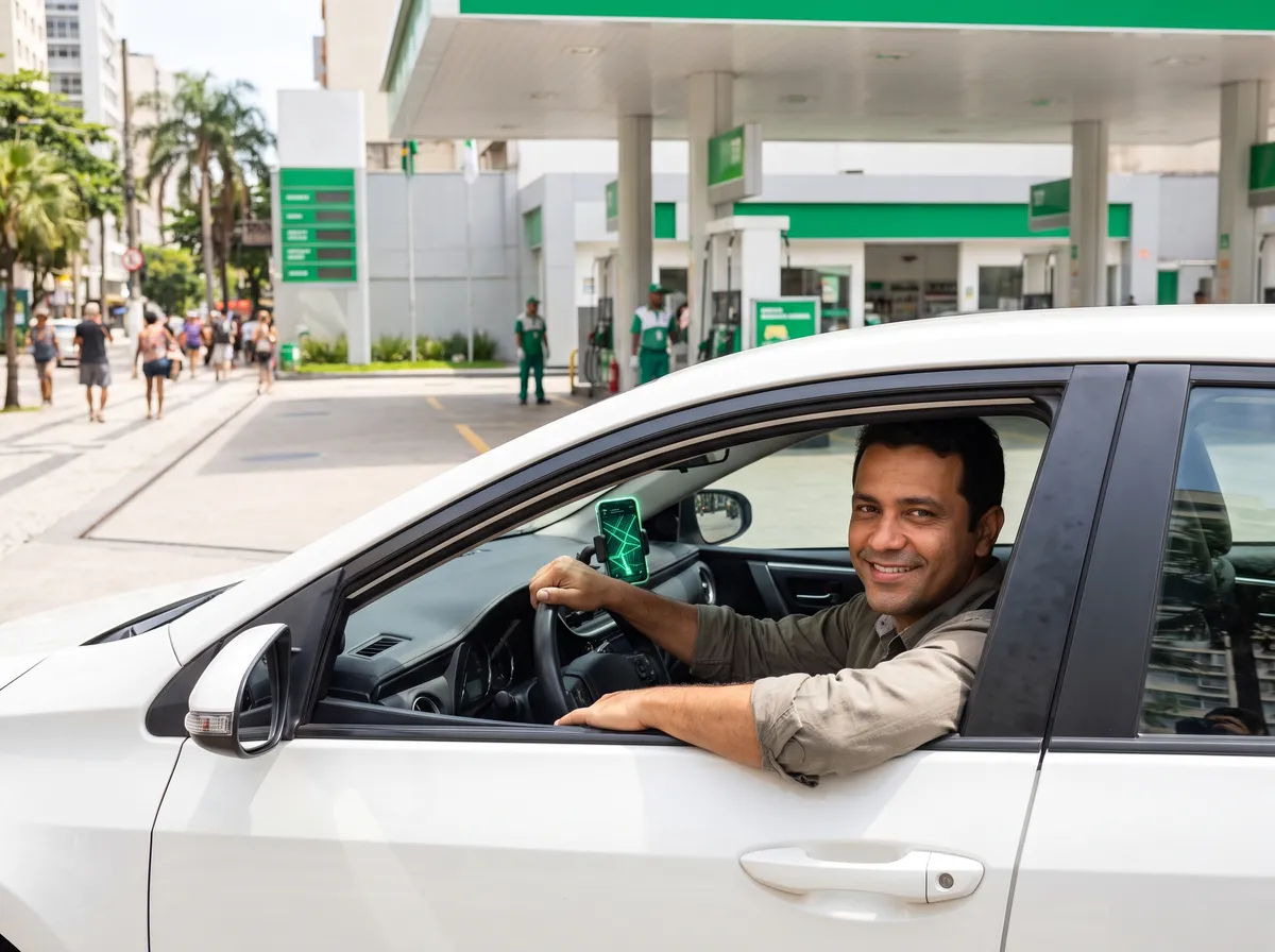 Motorista usando o celular para criar a conta no app Baratão dentro do carro