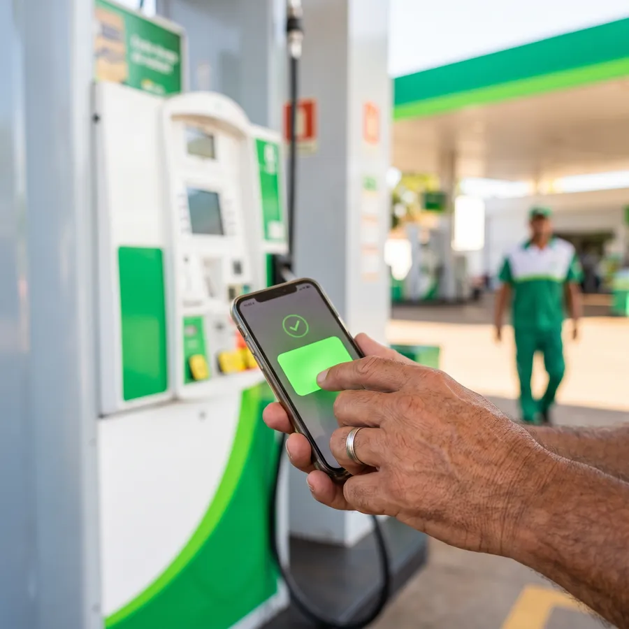 Pessoa pagando a compra de combustível pelo celular com Pix dentro do app Baratão
